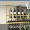 EMISOO Ceiling Mount Shelf Hanging Wine Rack with Glass Holder and Shelf, Adjustable Height Metal Ceiling Bar Wine Glass Rack, 2 Layer Industrial