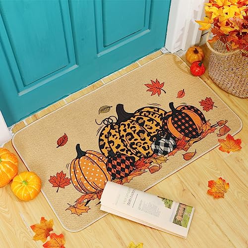 Fabbay 2 Pcs Doormat Home Imitation Coir Autumn Thanksgiving Halloween Doormat with Rubber Non Slip Backing Checkered Buffalo Plaid Rug for Layer