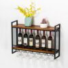 Vintage Rustic Floating Shelves Wine Rack, Bar Kitchen Metal and Wood Wine Bottle Rack Wine Stemware Rack Goblet Holder 2 Tiers Wall Shelf (Size