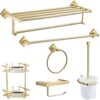 RAKUTE Brushed Gold Full Copper Bathroom Accessories Kit, Towel Ring, Toilet Brush, Triangular Basket, Tissue Rack, Coat Hook Bathroom Ring