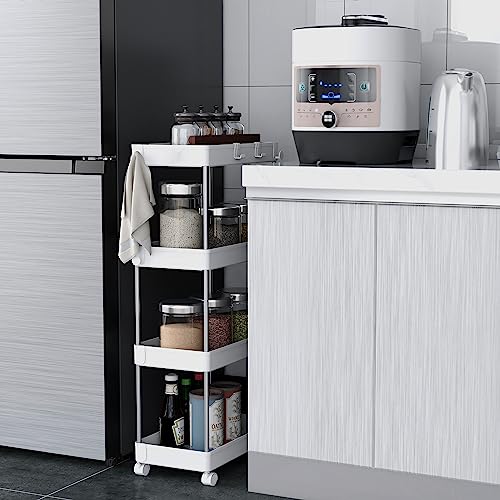 Meerveil Storage Trolley, 4-Tier Storage Rack with Wheels, Multifunctional Suitable for Office Kitchen Bathroom, W22 x D40 x H85cm, White