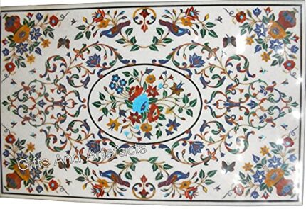 Gifts And Artefacts 36 x 72 Inches Rectangle Shape White Marble Reception Table Top Floral Pattern Inlay Work Dining Table for Home Furniture Dec