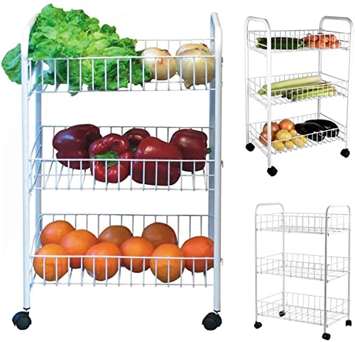 GREY LOOK 3 Tier White Fruit Vegetable Rack Storage Stand with Wheels CART Trolley Kitchen
