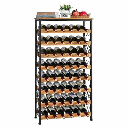 48 Bottles Floor Wine Rack with Wood Top, Freestanding Wine Bottle Organizer Shelf, Wobble-Free 8 Tier Wine Display Storage Stand for Kitchen Pan