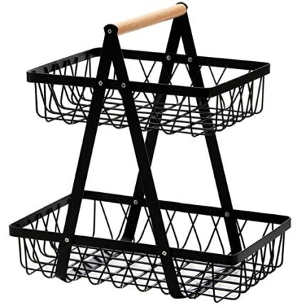 Dicunoy Metal Storage Basket with Handles, 2 Tier Wire Farmhouse Organizer Bin, Rustic Style Black Basket for Home, Kitchen Cournertop, Pantry, F