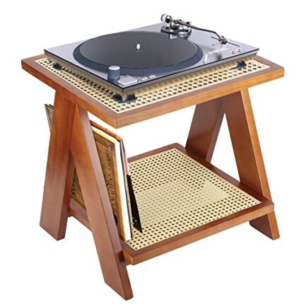 mosegor Vintage Turntable Stand Side Table 2 Tier Record Player Stand Vinyl Record Storage Display Bedside Table Rattan weaving End Table Wooden