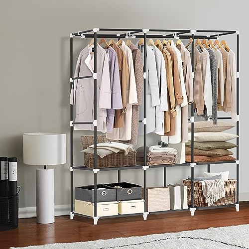 LOKEME Portable Closet, Portable Closets for Hanging Clothes with 3 Hanging Rods and 6 Storage Shelves and 4 Side Pockets, Black Wardrobe Closet