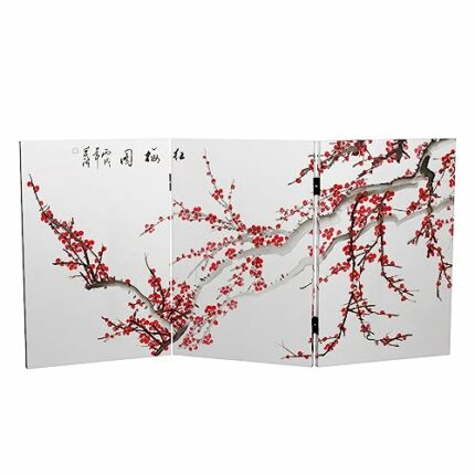 Red Lantern 2 ft. Short Double Sided Plum Blossom Canvas Folding Screen 3 Panel Freestanding Partition and Separator for Modern and Contemporary