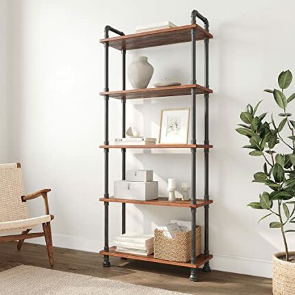 Barnyard Designs Furniture 5-Tier Etagere Bookcase, Solid Pine Open Wood Shelves, Rustic Modern Industrial Metal and Wood Style Bookshelf, Brown,