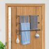 3 Tier Over Door Towel Rail, Adjustable Hanging Towel Rack with 2 Hooks, Bathroom Towel Holder Rails for Towelsor Clothing, Black