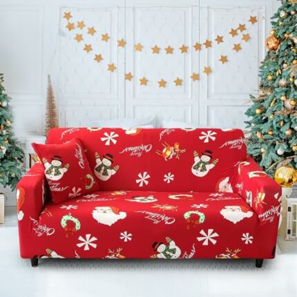 Fondream Christmas Sofa Cover Slipcover Soft Polyester Santa Claus Printed Sofa Protector with Elastic Bottom (3 Seater,Red)