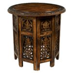 Cotton Craft - Jaipur Solid Wood Handcrafted Carved Folding Accent Coffee Table - Antique Brown - 46 CM Round Top x 46 CM High