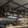 EYLINK Rustic Hanging Wine Rack, Industrial Ceiling Mount Shelf, 2 Tier Vintage Display Wine Storage Holder with Stemware Glass Shelf and Guard R