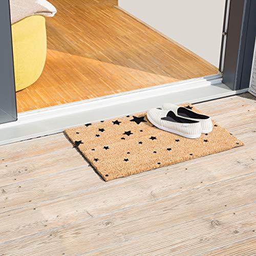 Relaxdays Doormat Star Pattern 40 x 60 cm Rectangular Coir Floor Mat with No-Slip PVC Underside, Door Mat made of Coconut Fibre Welcome Mat, Grey