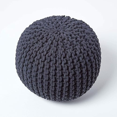 EXQUIZIT HOME Knitted Round Pouffe Foot Stool Ottoman Large 100% Cotton Chunky Moroccan 50cm Pouf COLOUR BLACK