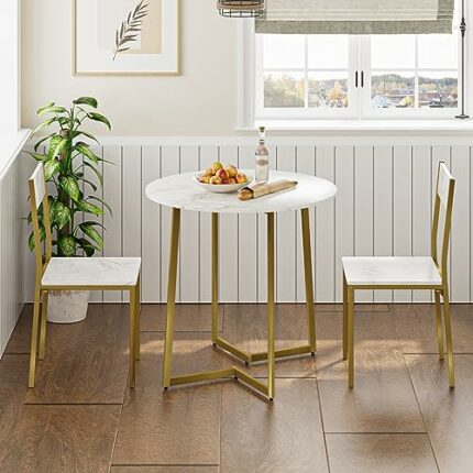 Masupu Small Round Dining Table Set for 2, Wood Marbled Tabletop with Steel Frame, Modern Dinette with Chairs for Kitchen Breakfast Nook Living R