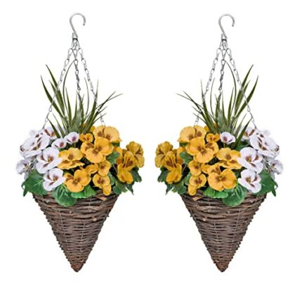 2 x Artificial Yellow and White Faux Silk Pansies and Grasses Rattan Cone Shaped Hanging Baskets Ideal for Home, Business, Outdoor Living 64cm/25