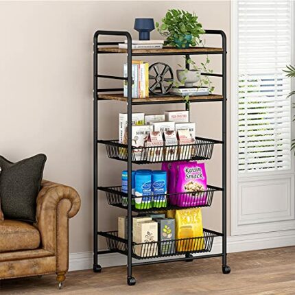 5-Tier Kitchen Rack, XINGYATU Shelf Unit Storage Organizer Rack Freestanding Wood and Metal Industrial Rack for Kitchen Bathroom Garage Pantry