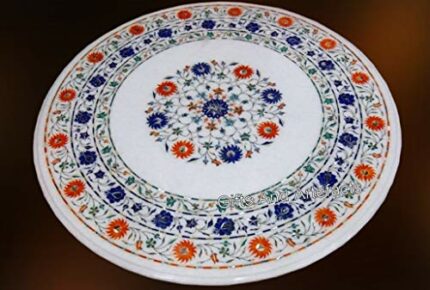Gifts And Artefacts 42 x 42 Inches Semi Precious Gemstone Inlay Work Kichen Table for Home Furniture Decor Round Shape White Marble Dining Table