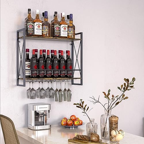 aboxoo Wall Mounted Wine Rack 2 Tier Shelf with 5 Rows Wine Glass Hanging Rack Industrial Rustic Brown Wood&Iron Frame for Dining Room,Wine Displ