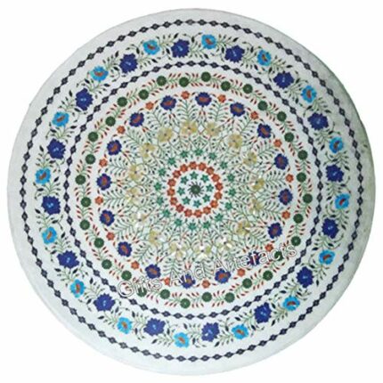 Gifts And Artefacts 42 x 42 Inches Floral Pattern Inlay Work Kitchen Table for Home Furniture Decor Round Shape White Marble Dining Table Top