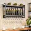 Vintage Wine Racks Wall-Mounted, Kitchen Bar Unit Floating Shelves Rustic Wood Board Wine Bottle Holder Metal Iron Wine Glass Rack Goblet Stemwar