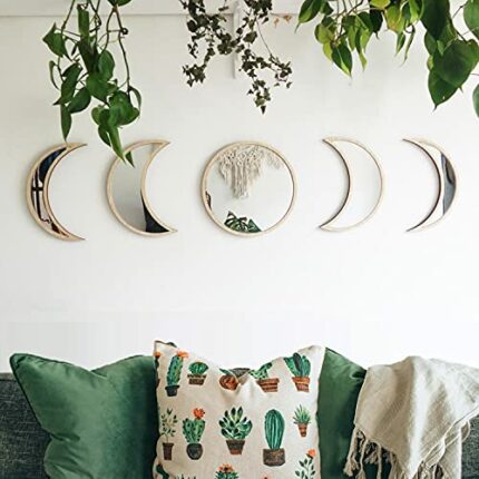 MAXROCK Moon Phase Mirror Set, 5 Piece Scandinavian Natural Decor Wall Decorative Acrylic Mirror Bohemian Moon Mirror for Living Room Bedroom, Ho