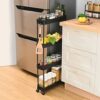 KINGRACK Slim Storage Trolley, Narrow Rolling Cart 4 Tier on Wheels, 13cm Wide Slide out Rolling Utility Cart with Hooks for Kitchen or Living Ro