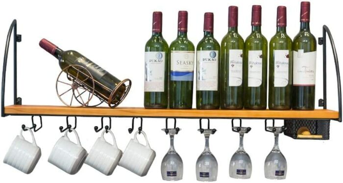 Wall Storage Organizer Shelf Wine Rack, Wine Bottle Wall Hanging Wine Bottle Holder Metal and Wood Wine Glass Goblet Rack Cup Holder for Bar Rest