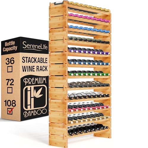 SereneLife 12 Tier Shelf-Strong Frame Solid Bamboo for 108 Bottle Wine Capacity (Color)