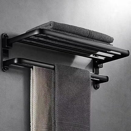 BYONGCHO Towel Rack for Bathroom and Lavatory, Towel Holder 24 inches Towel Shelf Wall Mount with Two Towel Bars Foldable Towel Holder, Bathroom