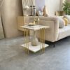 Marble Top Side Table Gold: 2 Tier Square White End Tables 44.5x44.5x55.5cm Sintered Stone Marbles Tabletop Modern Small Bedside with Metal Golde