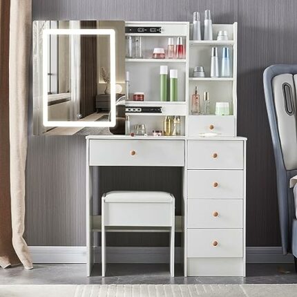 Kkonetoy Modern Makeup Vanity Desk with Sliding Lighted Mirror, Dressing Table Set with Cushioned Stool, Vanity Table with 6 Drawers for Bedroom,