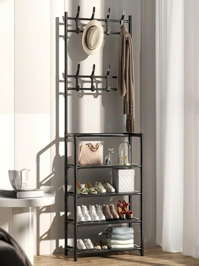 KAYKAI Standing Coat Hanger, Coat Rack with Shoe Storage, Independent with Shoe Storage Clothing Coat Hanger for the Entrance Bedroom Living Room