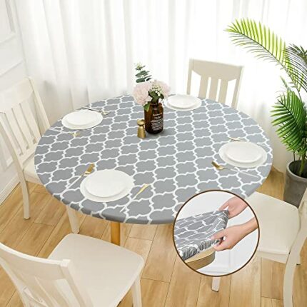 TWUTGAYW Round Tablecloth, Oil-proof Tablecloth PVC Elastic Edged With Flannel Backing Table Cover, Plastic Wipe Clean Table Cloth for Outdoor Pa