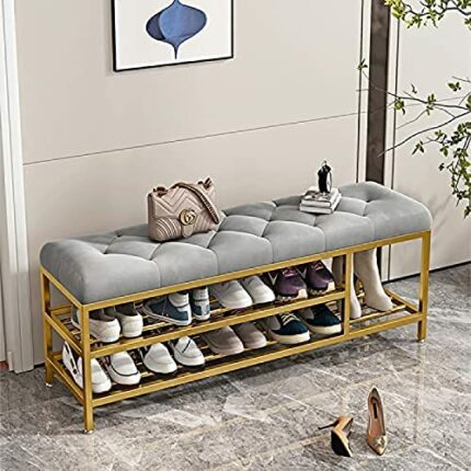 Luxurious Entryway Bench With Boots Storage,Velvet Upholstered Shoe Bench Shoe Rack Bench,Modern Shoe Storage Bench,Grey,90X30X46Cm(35X12X18Inch)