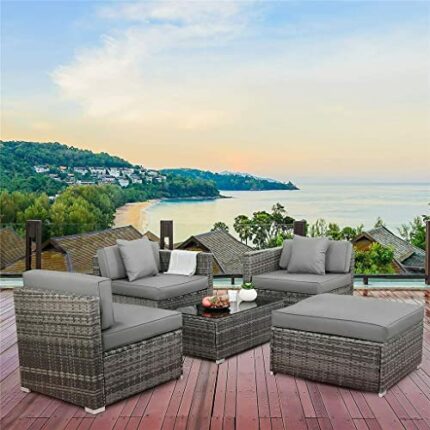 DLOETT Rattan Garden Furniture Set 5 Set Patio Sofa Set Wicker Weave Outdoor Furniture Set with Glass Table Cushion Pillows