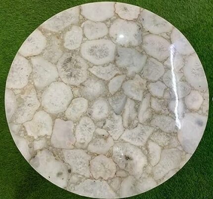 Gifts And Artefacts 36 x 36 Inches Round Shape White Agate Stone Kitchen Table Semi Precious Gemstone Resin Art Dining Table Top with Royal Look