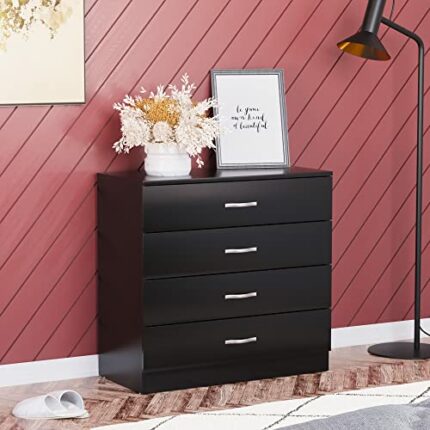 Vida Designs Black Chest of Drawers, 4 Drawer With Metal Handles and Runners, Unique Anti-Bowing Drawer Support, Riano Bedroom Furniture