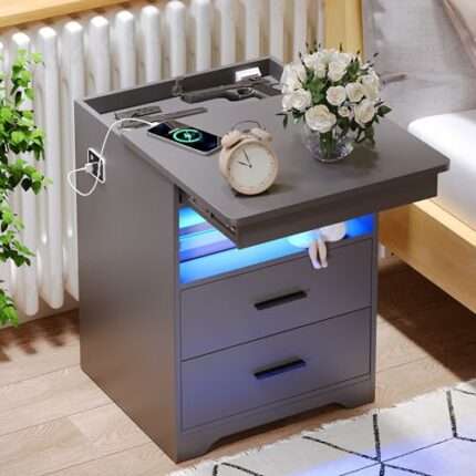 Nightstand with Charging Station Bedside Table with USB & Type-C Port LED Night Stand with Human Sensor Design Modern End Table with Drawers for