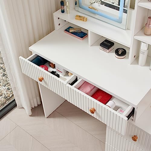 Makeup Vanity Desk with Large Lighted Mirror LED Strip, 3 Color Lighting Modes with Adjustable Brightness and 5 Level Storage Dresser, 5 Drawer V