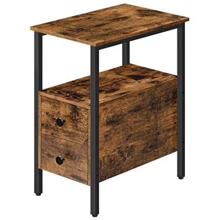 HOOBRO Narrow Side Table, Slim Bedside Table with 2 Drawers, Open Storage Shelf, Industrial Chair Side Lamp End Table for Small Space, Wood Bedro