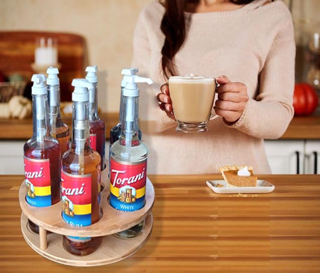 PASAR Bottle Lazy Susan Rotating Bamboo Bottle Holder Wine Rack Organizer for Wine Syrup Sauce 7 Bottle Kitchen Storage Countertop Tabletop for B