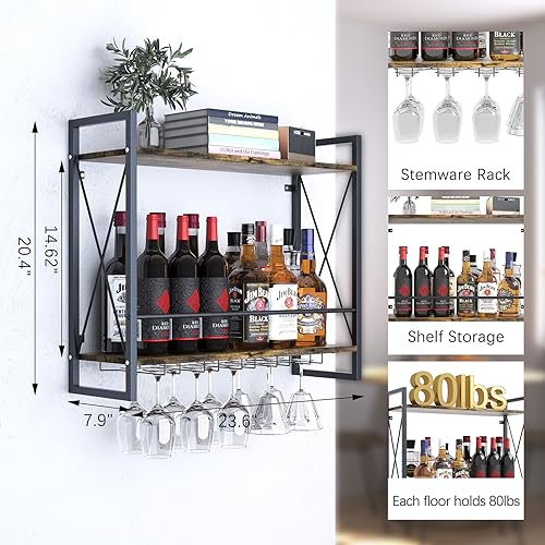 aboxoo Wall Mounted Wine Rack 2 Tier Shelf with 5 Rows Wine Glass Hanging Rack Industrial Rustic Brown Wood&Iron Frame for Dining Room,Wine Displ