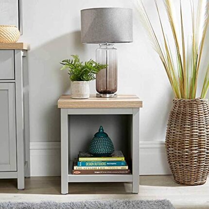 Home Source Oak Top Lamp Side Shelf Storage Occasional End Table Avon, Grey, Two Tone