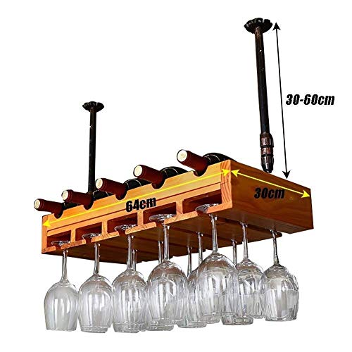 Solid Wood Hanging 5 Bottles Wine Rack Display Stand with 5 Wine Glass Card Slot, Adjustable Boom, Chestnut Color Modern Minimalist Design for Wi