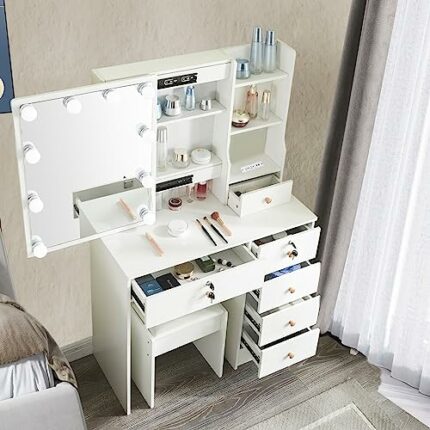 Vanity Desk with Power Outlet,White Vanity with Mirror and Lights, Makeup Vanity with 5 Drawers and Cushioned Stool, Makeup Table Set for Women G