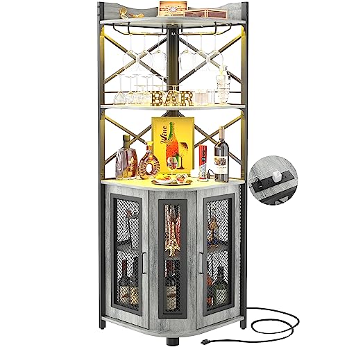 Aheaplus Corner Bar Cabinet with Power Outlet, Industrial Wine Cabinet with LED Strip and Glass Holder, 5-Tiers Liquor Cabinet Bar Unit for Home,