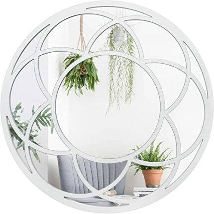 JJUUYOU Round Wall Mirror Decor Circular Mirror for Bathroom,White Rustic Mirror Home Wall Decor Wood Frame Make up Circle Mirror for Living Room
