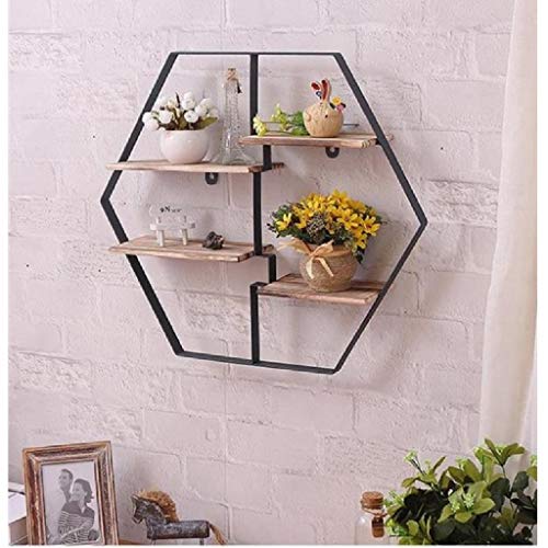 KXDCZ Iron Wine Rack- Living Room Bedroom Shelf Storage Rack Wine Rack Storage Rack, Wrought Iron Solid Wood Hexagonal Decorative Frame Design